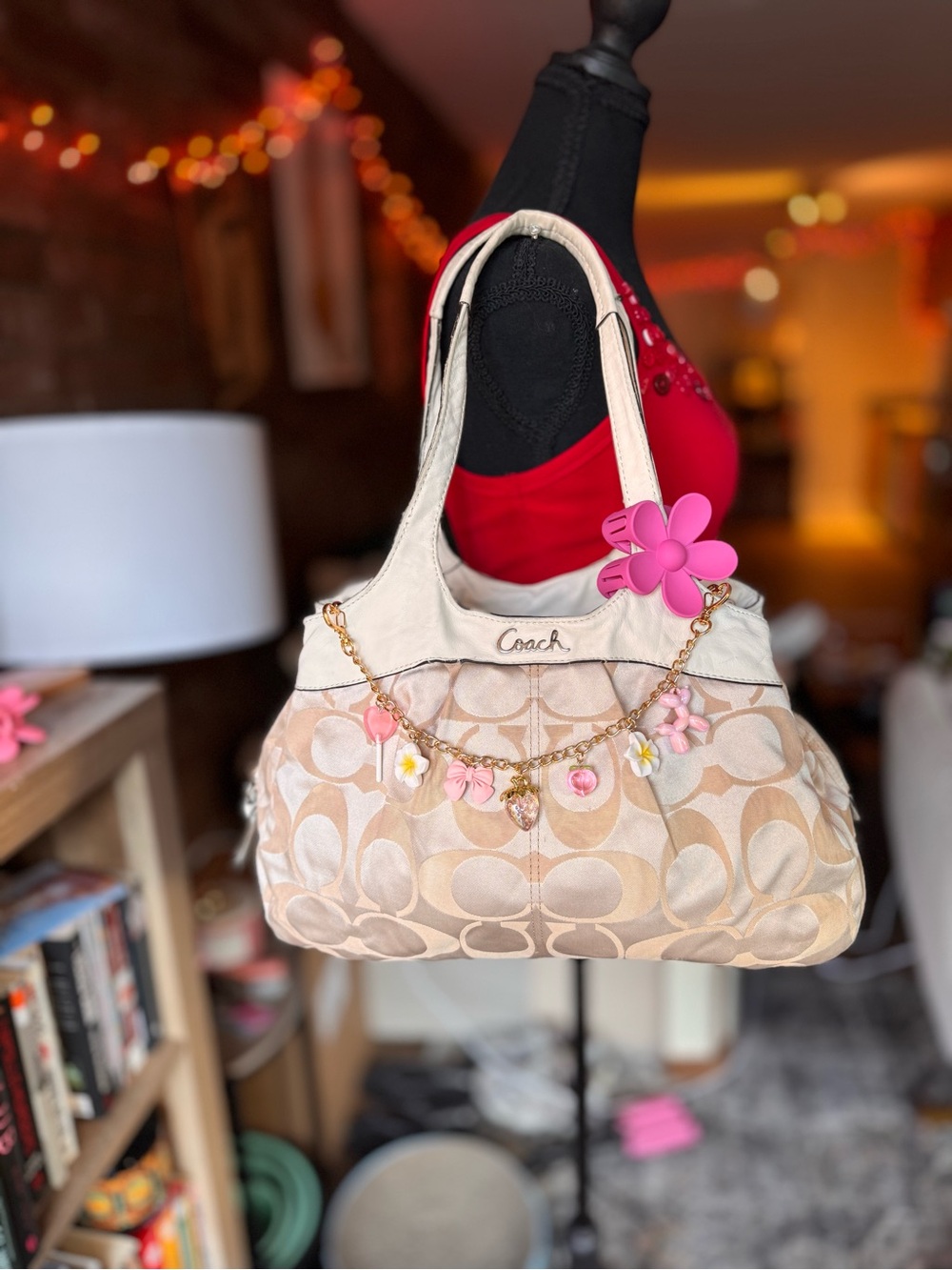 Coach Beige Signature Shoulder Bag with Pink Floral Charm Chain